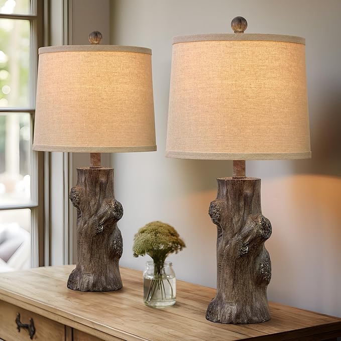 OYEARS 23"Resin Table Lamps for Living Room Set of 2 Country Cottage Farmhouse Lamp for Bedroom Tree Trunk Wood Grain with Oatmeal Fabric Round Shade Vintage Rustic Traditional Nightstand Bedside Lamp