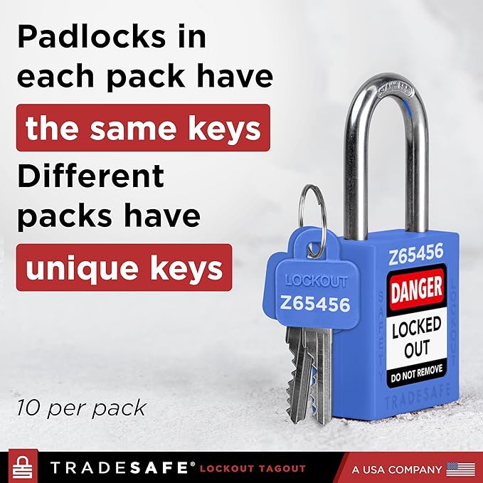TRADESAFE Lockout Tagout Locks Set - 10 Blue Keyed Alike Padlocks, 2 Keys Per Lock, OSHA Compliant Loto Locks