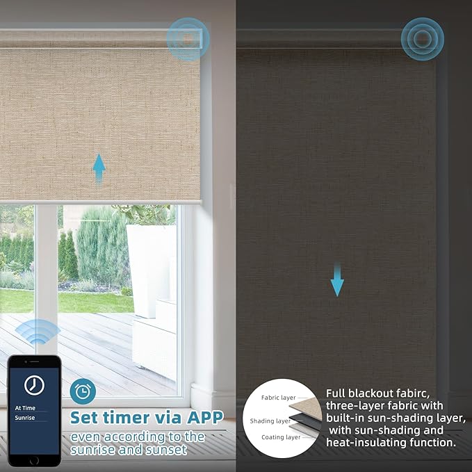 SmartWings Motorized Smart Blinds with Remote, Custom Automatic 100% Blackout Roller Shade Compatible with Alexa/Homekit/Google, Electric Smart Blinds for Indoor Windows, Linen Caramel