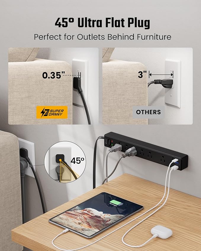 15Ft Long Extension Cord, SUPERDANNY Flat Plug Surge Protector Power Strip, 6 Outlets & 3 USB Ports, Desk Charging Station for Home Office, College Dorm Room Essentials