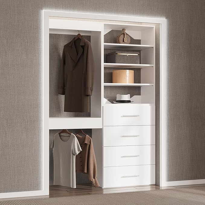 Modular Closet System, 67" Wide Closet Organizer System with Tower and Drawers, Wood Tower Closet Storage for Walk In Closets, Wall Mounted Wardrobe Organizer Kit System, Bedroom, White