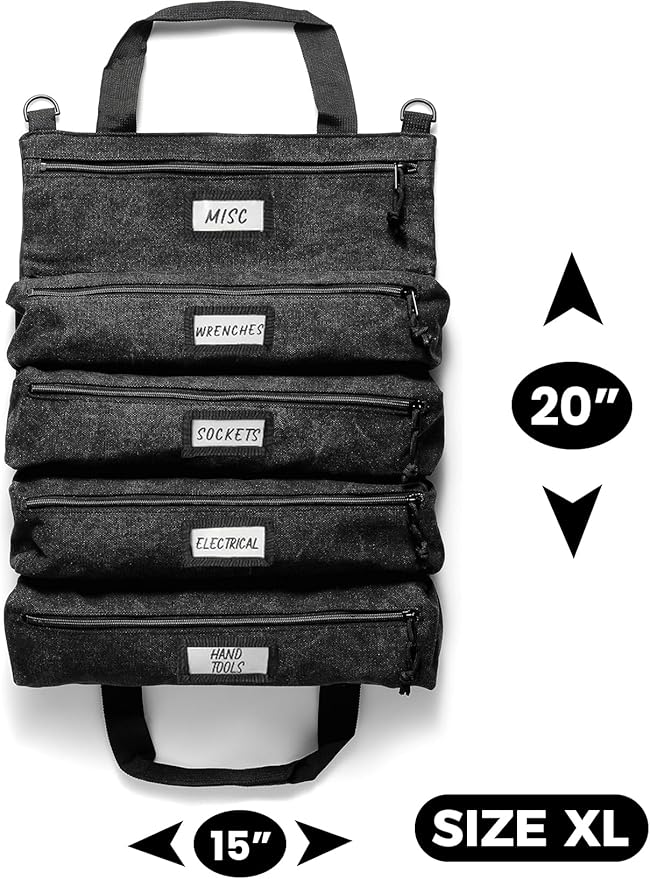 Official Voyager Tool Roll Bag - Easy to Carry 5-Pocket Roll Up Tool Bag - Durable 20oz Canvas, Rust-Proof YKK Zippers & Secure Buckle - A Gift for Dads, Mechanics, Electricians & Hobbyists | Black