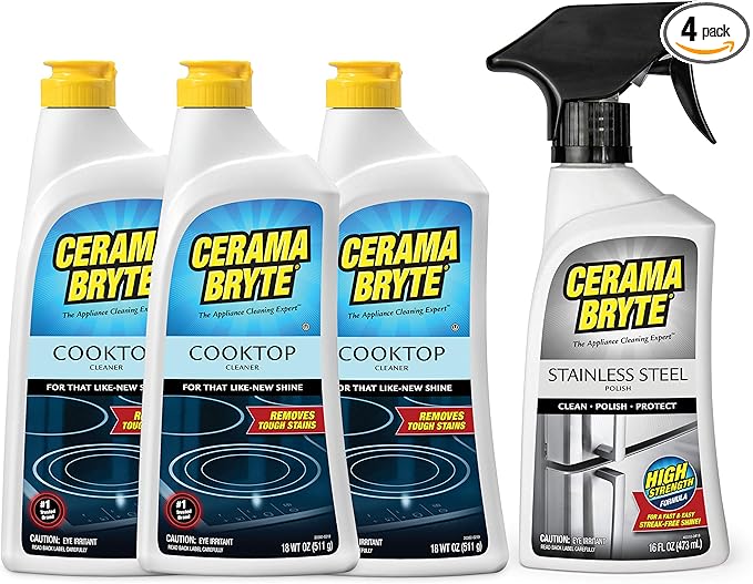 Cerama Bryte Stainless Steel Appliance Cleaner & Removes Tough Stains Cooktop and Stove Top Cleaner for Glass - Ceramic Surfaces, 16 & 18 Ounces, 3-18 Ounces + 1-16 Ounce
