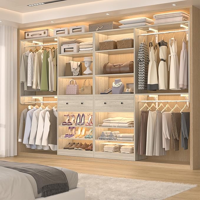 [10 FT Closet System] Reversible Set of 2 Wood Closet Organizer System with 2 Drawers, 4 Hanging Rods Adjustable Shelf, Walk In Closet Organizers with Shoe Rack, Garment Rack Clothes Rack, White Oak