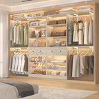 [10 FT Closet System] Reversible Set of 2 Wood Closet Organizer System with 2 Drawers, 4 Hanging Rods Adjustable Shelf, Walk In Closet Organizers with Shoe Rack, Garment Rack Clothes Rack, White Oak