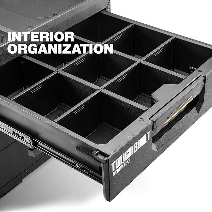 ToughBuilt StackTech XL 3 Drawer Tool Box, Heavy-Duty Portable Tools Chest, 50 lb Capacity - Stackable Toolbox Storage Organizer with 22 Dividers, Auto-Latching Drawers and Accessory Rails