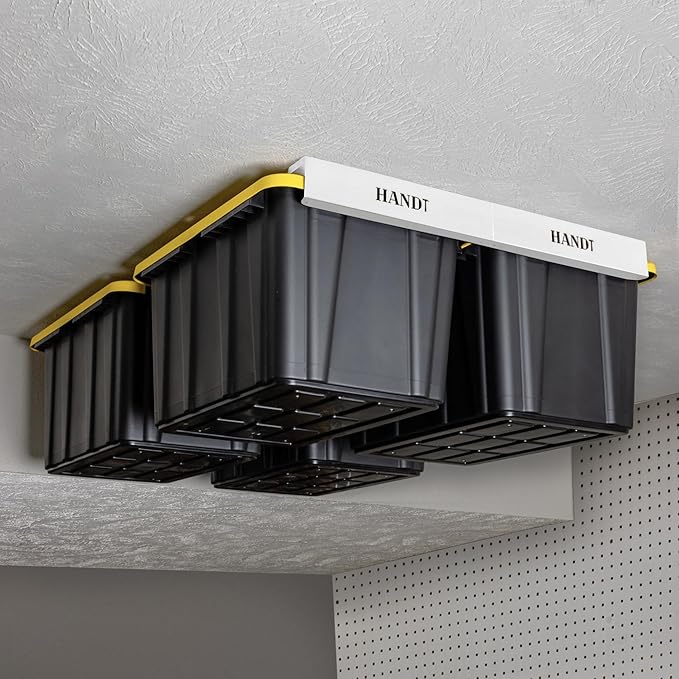 HandT USA Based Overhead Garage Storage Rack, Ceiling Tote Bin Organization Rails Shelving Racks System, Heavy Duty Hanging Metal Rack Systems for 27 Gallon Container, Supports Most Bins, 4 Sets White