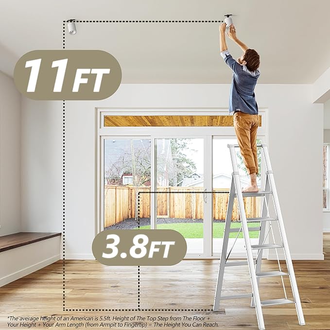 5 Step Ladder, Folding Step Stool, White Foldable Iron Ladder for 10 Foot High Ceiling with Anti-Slip Wide Sturdy Pedal and Handgrip, Multi-Use for Home (300 lbs Capacity)