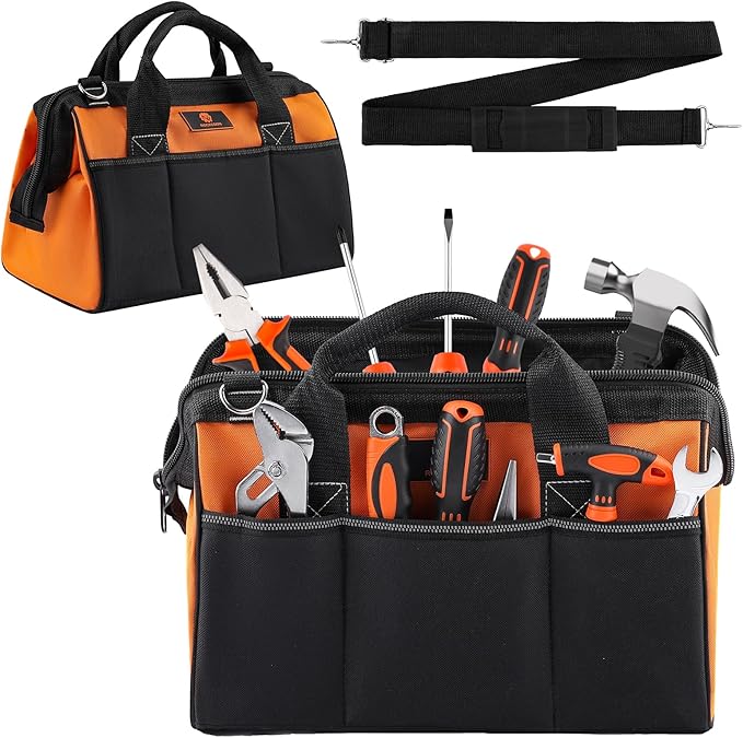Tool Bag 14'', Thick Outer Pocket Tool Organizer Waterproof, Heavy Duty Tote with Shoulder Strap for Tool Storage, Black & Orange