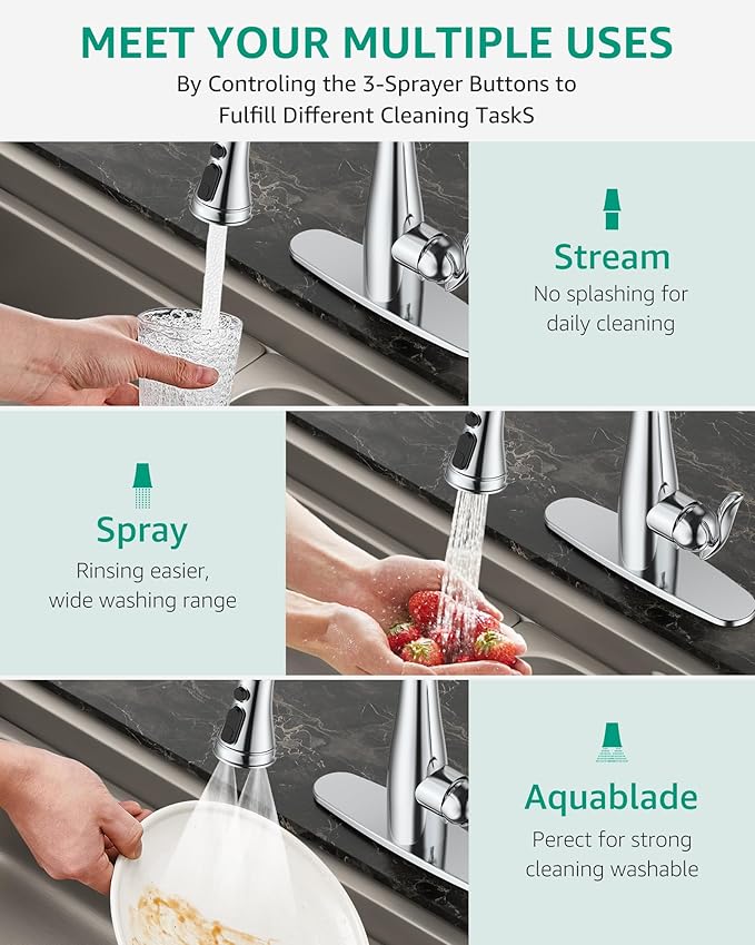 Mbillion Universal Polished Chrome Kitchen Faucet Sprayer Head Replacement – 3-Function Pull-Down Nozzle with 14 Adapters – Fits Moen, Delta, Kohler, WEWE & American Standard