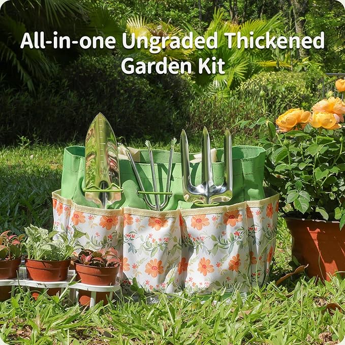 Gardening Tools 10-Piece Heavy Duty Stainless Steel Hand Tools with Durable Garden Tools Storage Tote,Rust-Proof Garden Tool Set, Ideal Gardening Gifts for Women Yellow Floral Pattern Design