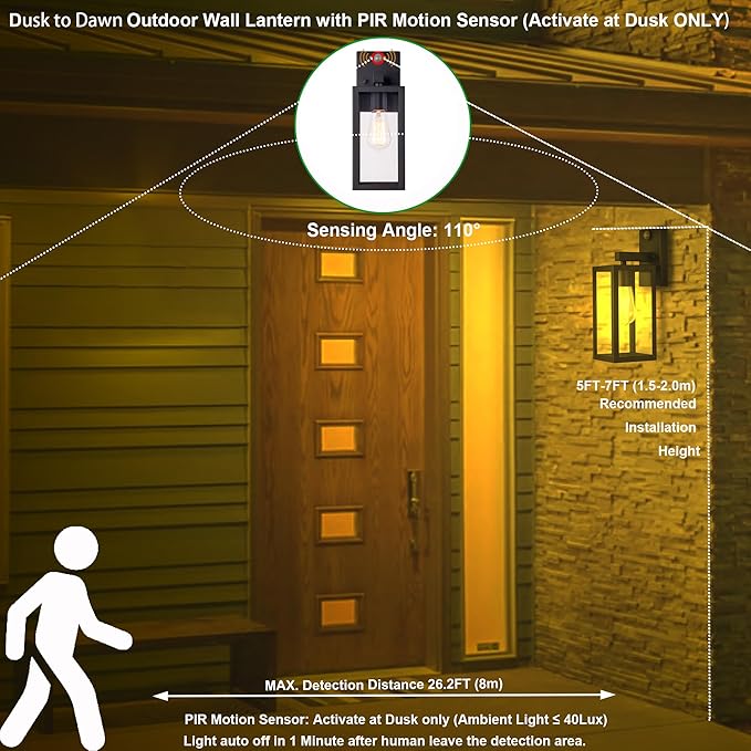 GRUENLICH Dusk to Dawn Large Outdoor Wall Lantern, PIR Motion Sensor Wall Sconce, E26 Base Max 60W, Metal Housing Plus Glass, Matte Black Finish, Bulb Not Included, 1-Pack