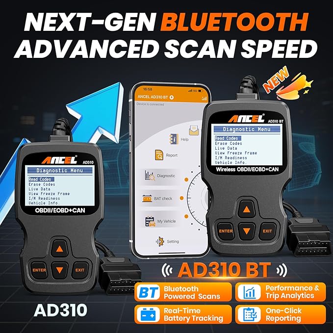 (Upgraded AD310) ANCEL AD310BT OBD2 Scanner Bluetooth - Check Engine Code Reader, Escaner Automotriz with Premium App On iOS & Android, Car Diagnostic Scanner for All Vehicles After 1996