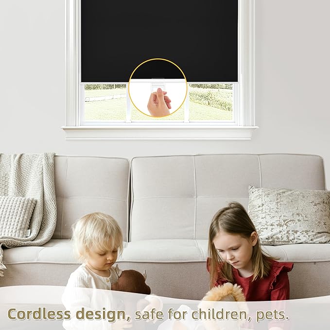 ChrisDowa Cordless Blackout Roller Shades for Windows, Thermal Insulated UV Protection Pull Down Shades, Total Blackout Window Blinds for Home, Office, Bedroom, Door (20" W x 72" H, Black)