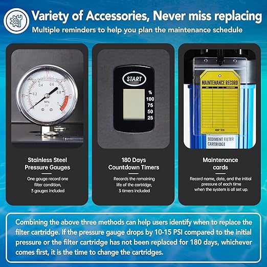 HQUA WF3-01 3-Stage Whole House Water Filtration System, Reduces Heavy Metals (Lead, Mercury, Copper, Nickel, Chromium), Chloramine, Sediment, Odor, and VOC’s