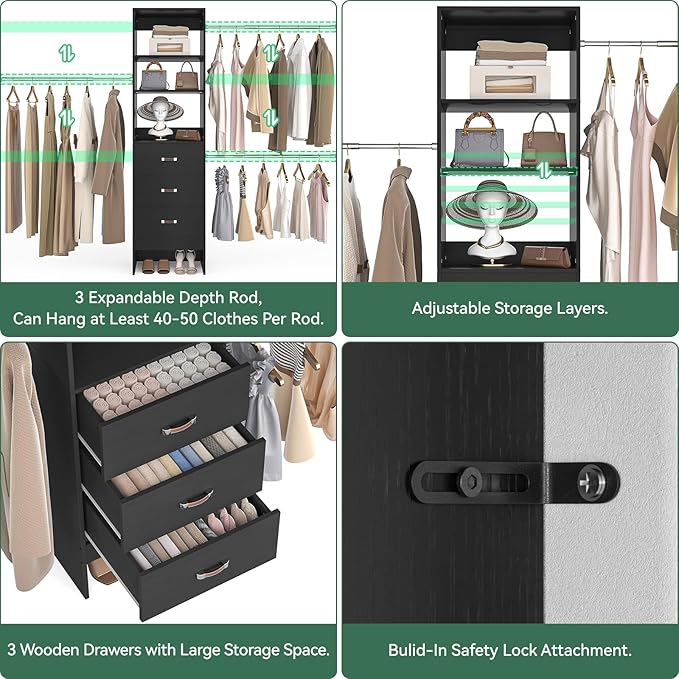 96'' Closet Organizer System with 3 Hanging Rods (Without 3 Storage Shelves), 8FT Closet Systems, Wall Mount Bedroom Wardrobe with 3 Wood Drawers, Adjustable Garment Rack from 5 to 8FT, Black