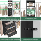 96'' Closet Organizer System with 3 Hanging Rods (Without 3 Storage Shelves), 8FT Closet Systems, Wall Mount Bedroom Wardrobe with 3 Wood Drawers, Adjustable Garment Rack from 5 to 8FT, Black