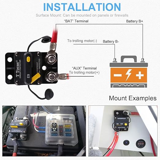E9 3/8" Studs 200 Amp Circuit Breaker with Manual Reset | UL Certified | 12V - 48V DC Waterproof IP67 for Car Audio 200A Switchable Surface Mount