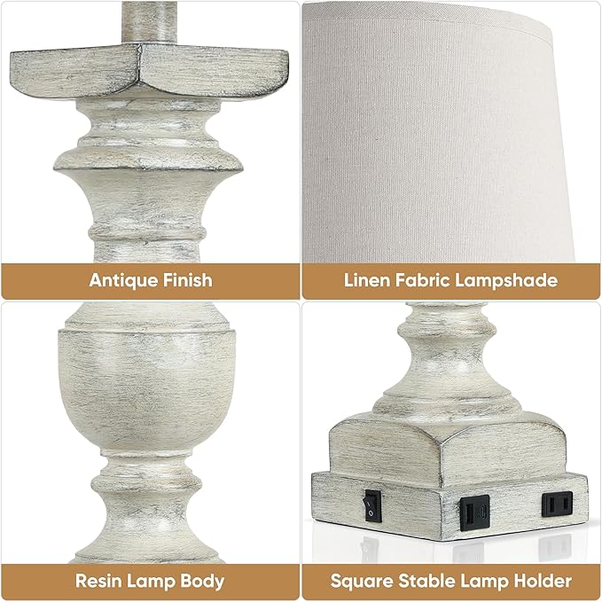 Farmhouse Table Lamp Set of 2, 28'' Bedside Lamps with USB A+C Port, Traditional Nightstand Lamps for Room, Vintage Table Lamp, Desk Lamp for Bedroom, Beige Lampshade, Rocker Switch, Bulb Included