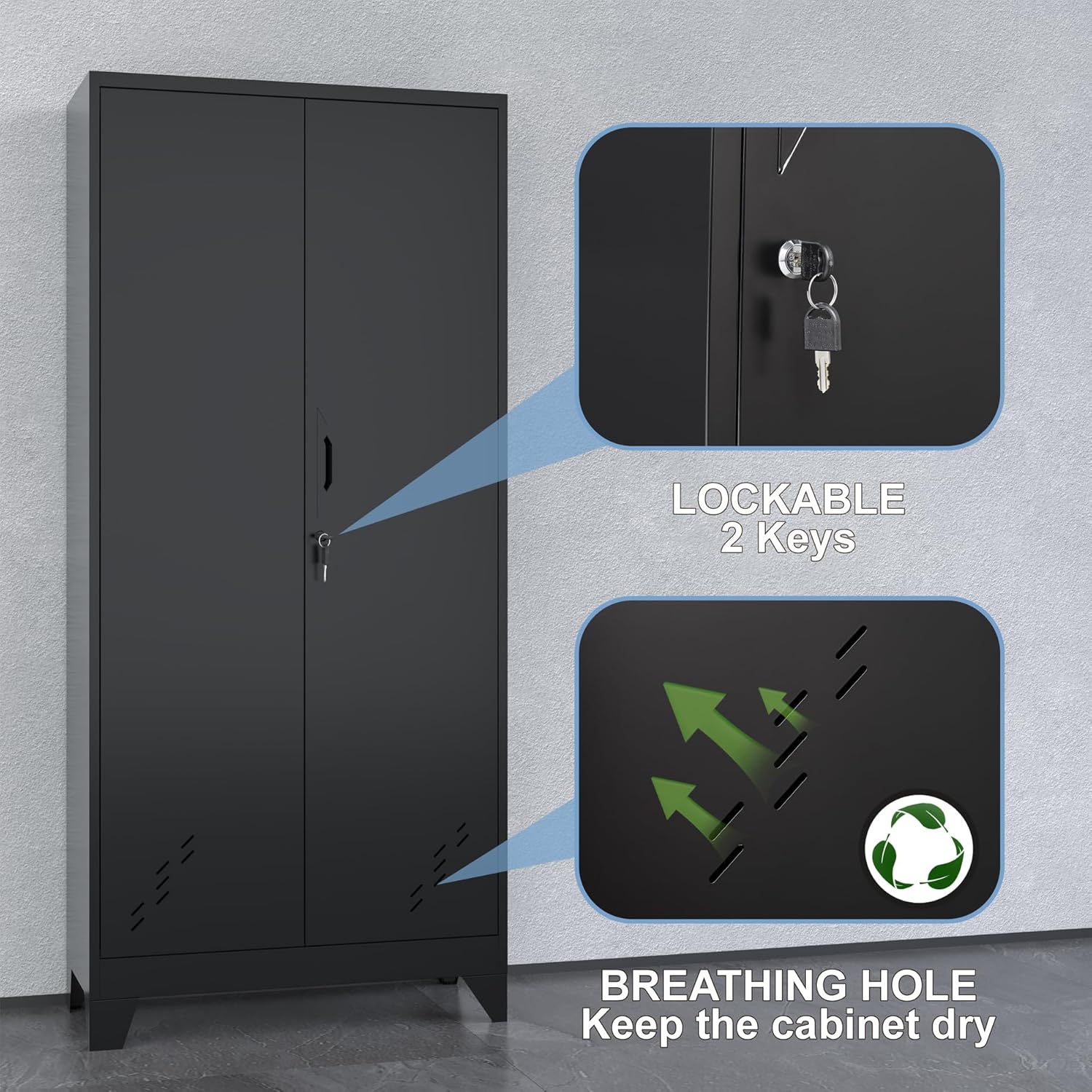 Metal Storage Cabinet with Locking Doors, 61" Tall Garage with Hanging Rod, Broom Closet, Freestanding Bathroom Storage Cabinet, Cleaning Tool,Black