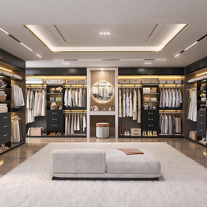 Closet System with Drawer - 8FT Wood Closet Organizer System with 3 Hanging Rods and Shelving Tower, 96" Walk In Closet Organizer Wardrobe, Heavy Duty Garment Rack Clothes Rack, Black