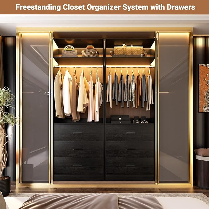 Closet System Set of 4, 8FT Closet Systems with 12 Wood Drawers, 96" Closet Organizer System with 4 Hanging Rods & 4 Shelves, Heavy Duty 96 Inch Walk-in Closet, Black (96"L x 15" W x 80" H)