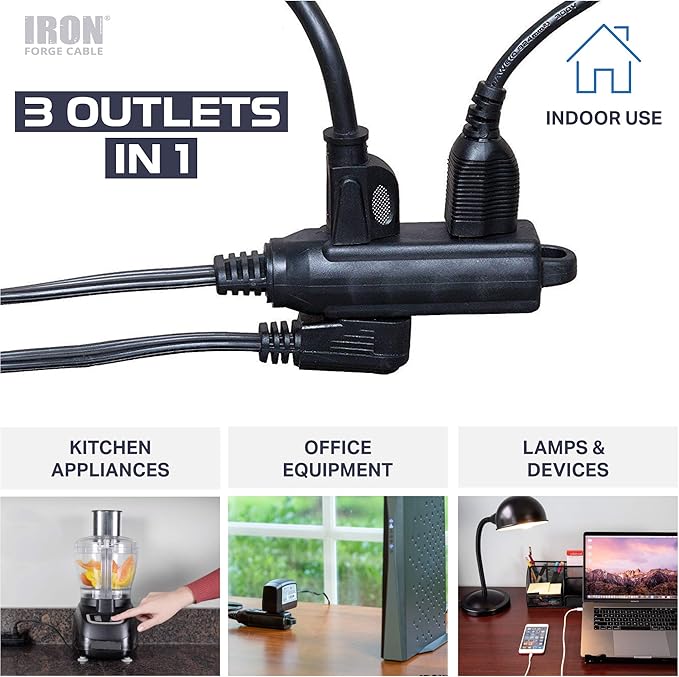 Iron Forge Cable 2 Pack 15 ft Flat Plug Black Extension Cord with 3 Outlets - 16/3 SJTW 3 Prong Indoor Extension Cord with Multiple Outlets