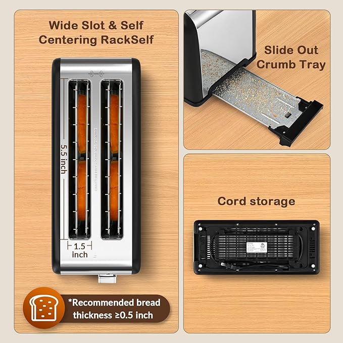 Mecity 4 Slice Toaster with Touchscreen Long Slot, Stainless Steel Smart Bread Toaster for Bagel Muffin Waffle Gluten Free Breads, Timer, Defrost, Reheat, 120V 1400W