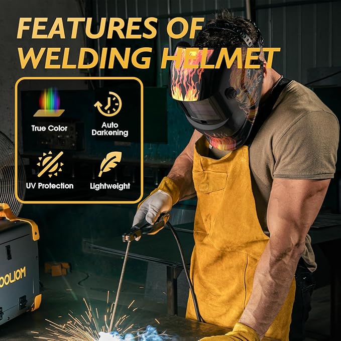 TOOLIOM Auto Darkening Welding Helmet True Color Solar Powered Welding Mask with Adjustable Shade 4/9-13 for TIG MIG Stick Flaming Skull Design