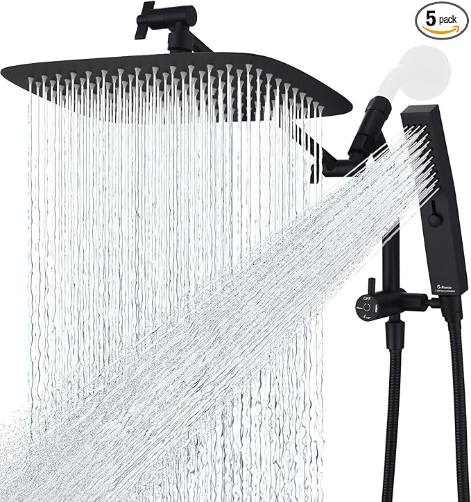 G-Promise All Metal 12 Inch Shower Head with Massage Mode Handheld, Rain Shower Head with Handheld Spray Combo, 3-Way Diverter with Pause Setting, 11 Inch Adjustable Extension Arm (Matte Black)
