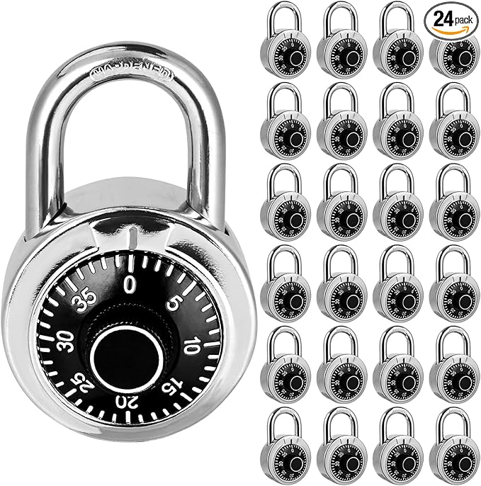 Combination Padlock 24 Pack, Fixed Dial Combination Padlock with Different Combinations, 2 in. Wide. Black Turntable, Lock for Gym & Locker, School, Toolbox, and More