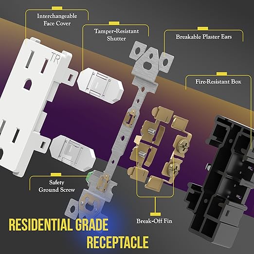 ENERLITES Decorator Wall Receptacle Outlet, Tamper-Resistant Standard Electrical Wall Outlet, Residential Grade, 3-Wire, Self-Grounding, 2-Pole, 15A 125V, UL Listed, 61501-TR-W-10PCS, White (10 Pack)