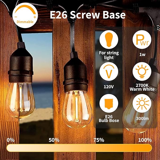 24Pack S14 Shatterproof LED Bulbs, E26 Screw Base Replacement for Outdoor String Lights - 1W Dimmable (Equal to 11W) 2700K Warm White, Weatherproof Patio Decor 120V