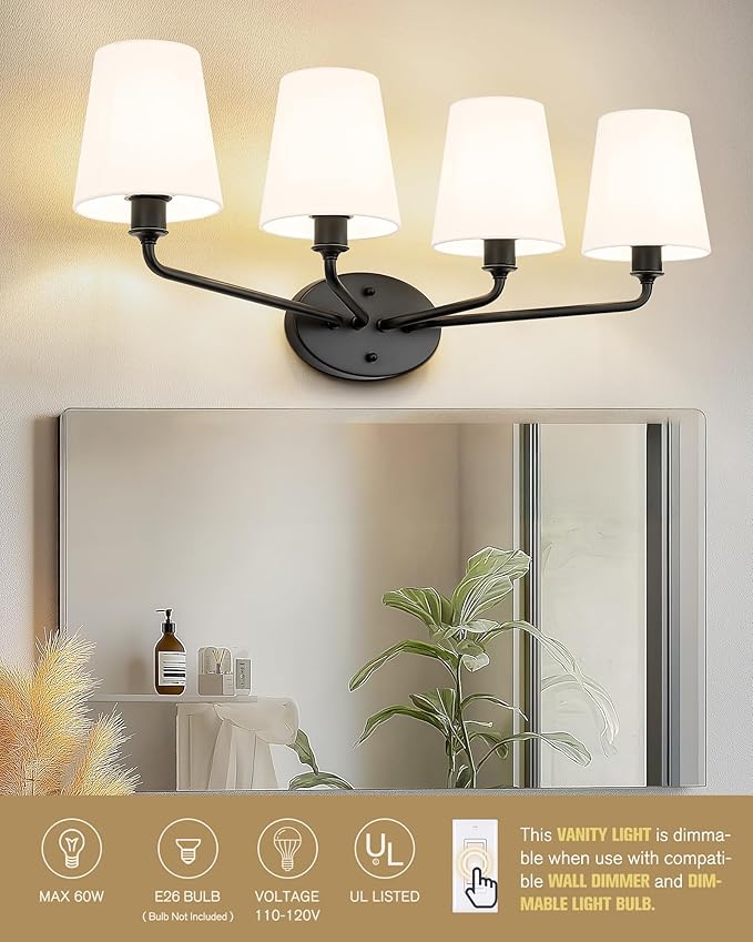Emak 4-Light Bathroom Vanity Light, 29 Inch Black Bathroom Light Fixtures with Flared White Fabric Shade, Modern Farmhouse Wall Sconce for Bath, Hallway, Bedroom, VL132-BK-WF-4