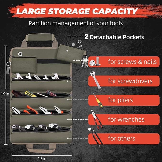 Tool Roll Up Bag, Gifts for Men Dad Husband Him Christmas, Mens Stocking Stuffers, Portable Tools Box Storage for Men, Heavy Duty Tool Organizer W/Detachable Pouches for Electrician Mechanic Carpenter