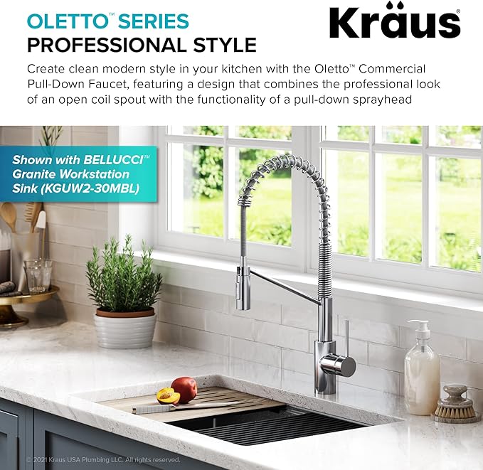 KRAUS Oletto Commercial Style Single Handle Pull Down Kitchen Faucet with QuickDock Top Mount Installation Assembly in Chrome, KPF-2631CH