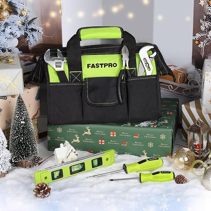 FASTPRO 215-Piece Home Repairing Tool Set with 12-Inch Wide Mouth Open Storage Bag, Household Hand Tool Kit, Green