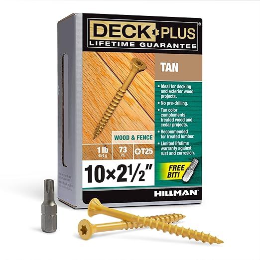Deck Plus 2-1/2 Inch Epoxy Coated Exterior Wood and Fence Screws #10 x 2-1/2" Torx/Star Drive Included Coarse Thread, Outdoor Rust Resistant Decking Screw, Tan, 1lb Box, 625 Pieces | 48415