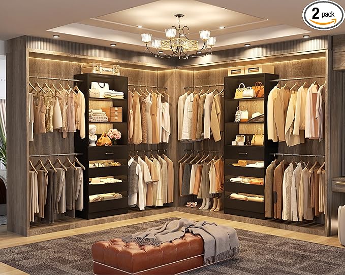 Aheaplus Closet System Set of 2, 4-9Ft Wood Closet Organizer with Drawers & Shelves, Closet Organizer System with 8 Hanging Rods, Walk-in Closets Organizer Wardrobe Closet Rack, Black