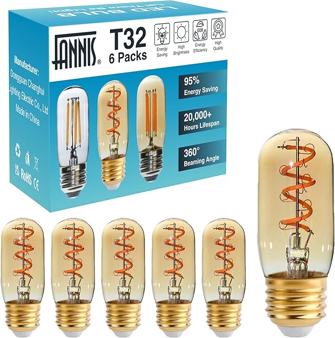 6 Pack T32 /T12 Dimmable Tubular LED Bulb 4W Equals 40W Warm Amber Glass E26 Base Edison Bulb for Chandeliers, Wall sconces, Table Lamps, cafes Indoor Lighting fixtures.