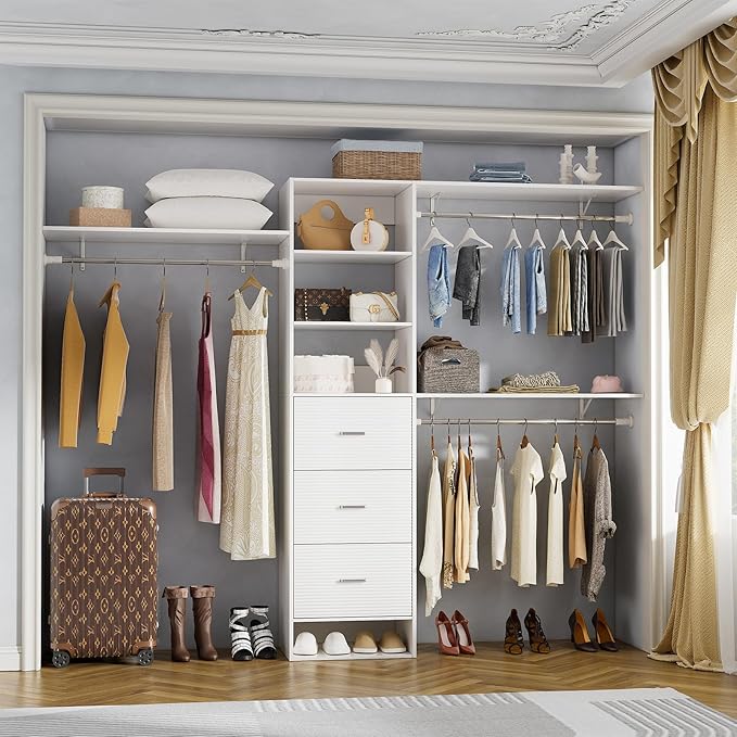 PAKASEPT 96 Inches Closet System with Drawers, 8FT Closet Organizer System with 3 Hanging Rods, Wall Mount Bedroom Wardrobe with 3 Drawers Walk-in Closet, Adjustable Cloth Garment Rack from 5 to 8FT