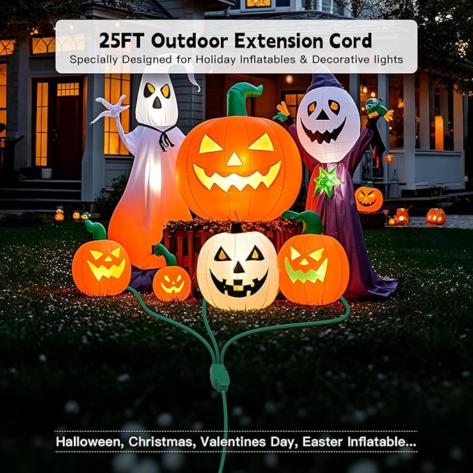 25Ft 3 Outlets Green Outdoor Extension Cords for Halloween Christmas Inflatables Blow Ups Yard Waterproof Outside with Multiple Outlets Extension Cord Power Splitter for Christmas Lights Decorations