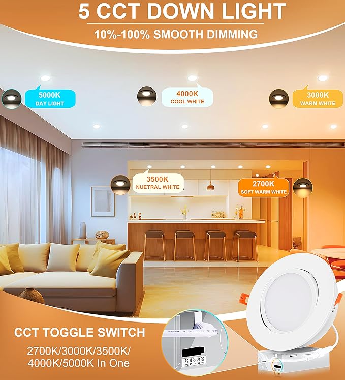 CLOUDY BAY [4 Pack] 6 inch 5 Color Swivel LED Gimbal Recessed Light with Night Light,12W CRI80+ 950LM,2700K/3000K/3500K/4000K/5000K，Canless Angled Adjustable Ceiling Downlight, White Finish