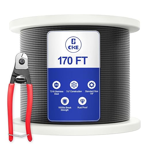 CKE 170FT 1/8" Black Stainless Steel Cable for Railing, T316 Stainless Steel Marine Grade Wire Rope for Deck Cable Railing Kit,1850lbs Breaking Strength 7x7 Strand Aircraft Cable DIY Balustrade, BCW6