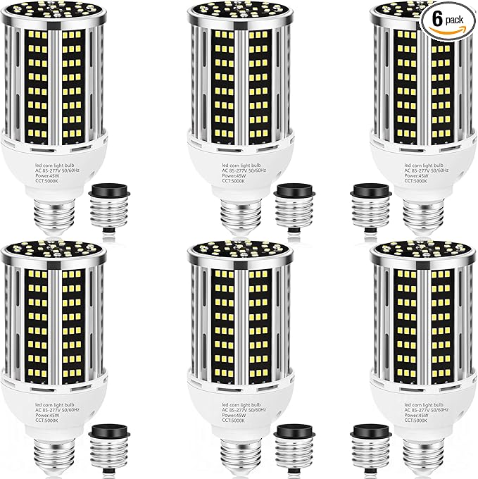 45W 6 pack LED Corn Light Bulb,400W Equivalent 5000K Commercial Grade Daylight E26/E39 6000LM Medium Mogul Base LED Lamp,Large Area Lights For Outdoor Indoor Garage Warehouse street Factory Bay Light