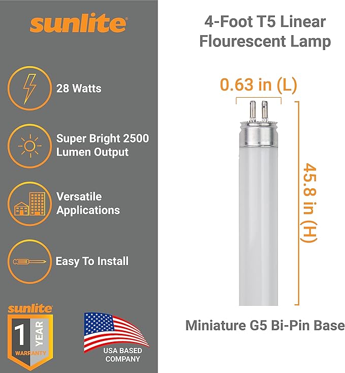 Sunlite 30342 F28T5/850 4 Foot T5 Linear Fluorescent Lamp, 28 Watts, 2500 Lumens, 5000K Daylight, Miniature G5 Bi-Pin Base, ROHS Compliant, High Performance Straight Tube, 40 Pack