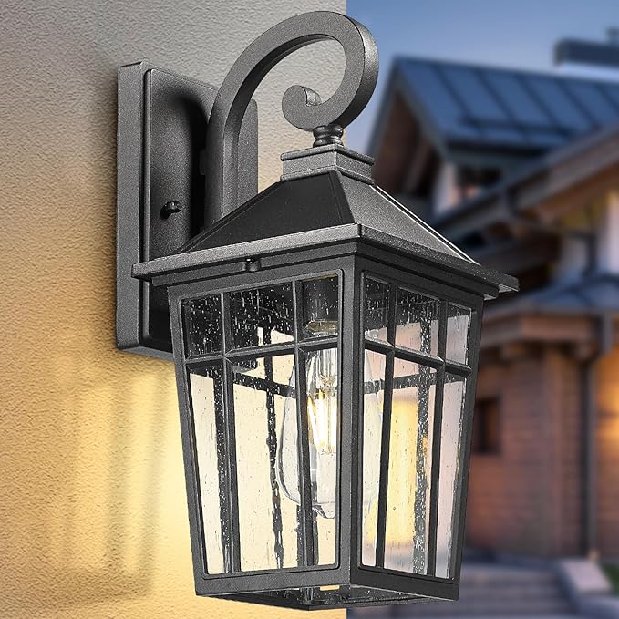 Darkaway Outdoor Wall Lights for House, Exterior Lighting Fixtures Wall Mount Outdoor Porch Lights Waterproof Black Outdoor Sconce Lights with Seeded Glass for Patio Hallway Garage