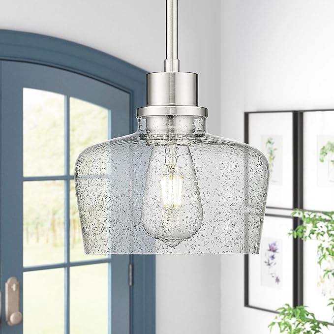 Emak Modern Brushed Nickel Pendant Lights Kitchen Island, 2 Pack 8 Inch Seeded Glass Pendant Light Fixtures for Kitchen Island, Bathroom, Bedroom, Dining Room, PL122-BN-2PK