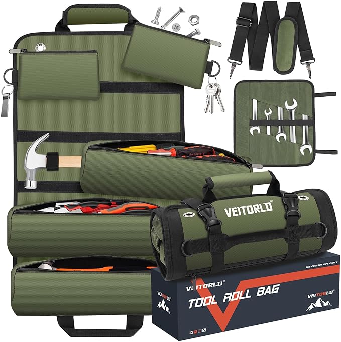 Tool Roll Up Bag, Gifts for Men Dad Husband Him, 1680D Portable Tool Storage for Men, Heavy Duty Tool Organizer with Detachable Pouches&Wrench Roll for Mechanic