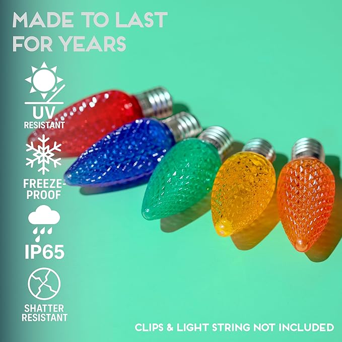 HLO Lighting Set of 500 Multicolor (Red Green Blue Yellow Orange) C9 Faceted LED Christmas Light Bulbs for Indoor & Outdoor Use | Durable Replacement Bulbs